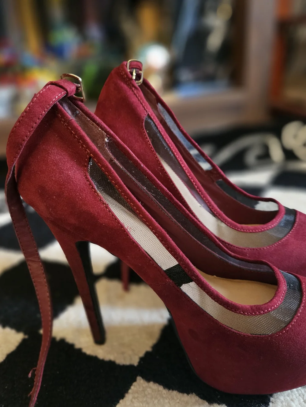 JustFab Wine Red Suede Platform Stiletto Pumps with Mesh Inset